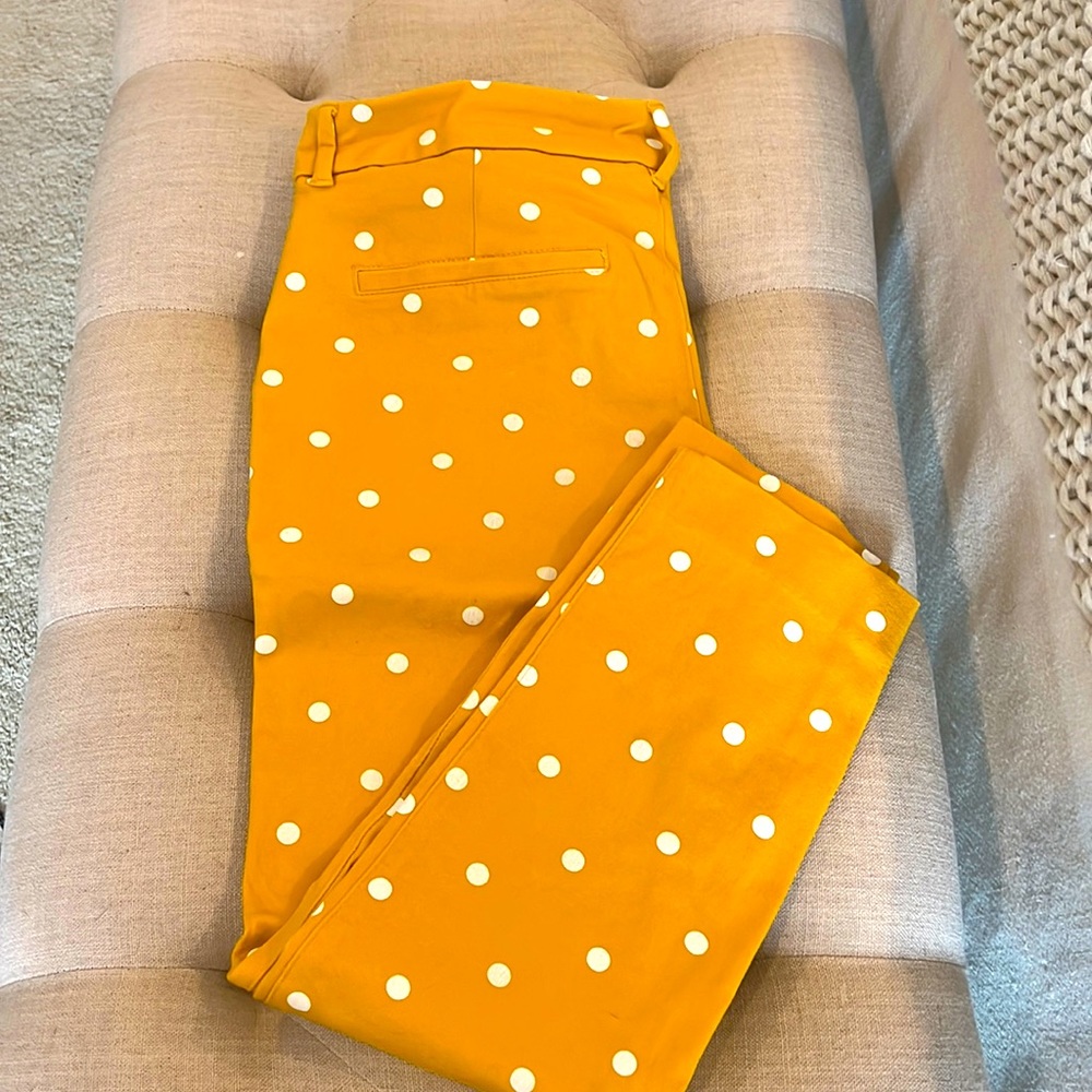 Yellow/white polka dot pickle ankle pants.